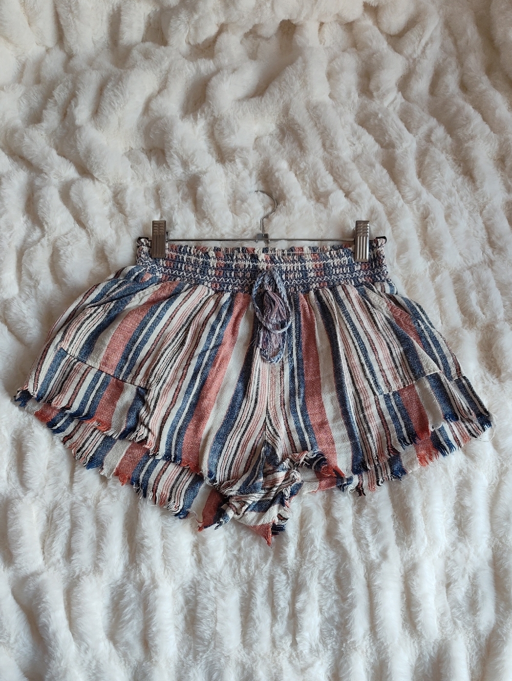 Boho Striped Smocked-Waist Women's Shorts in Rust, Cream & Navy
